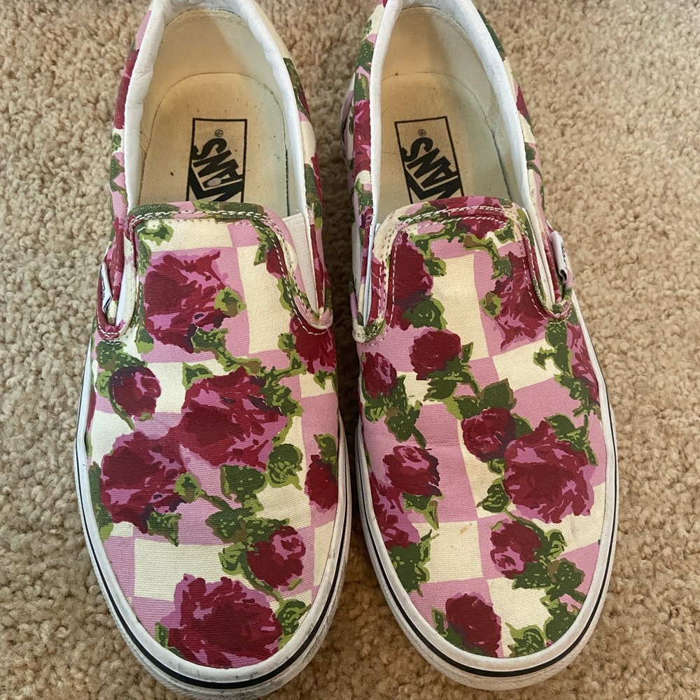 Barley Used Pink Floral Slip On Vans (Size 9.5)